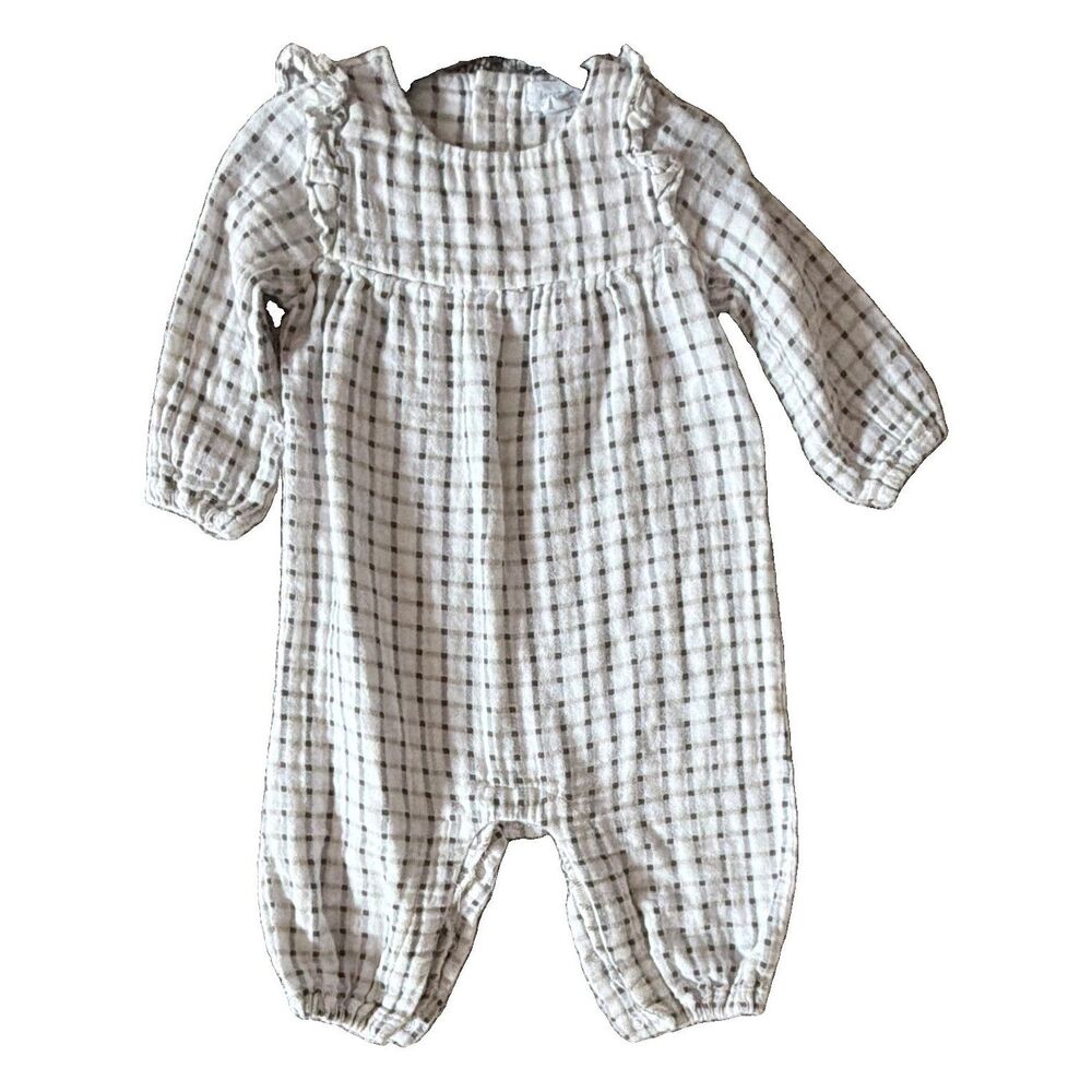 Angel Dear White & Gray Check Muslin Ruffle Long Sleeve Romper 6-12 Months